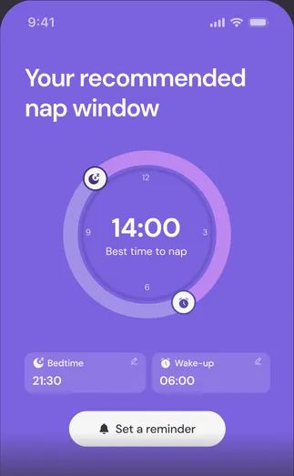 Napp app showing a recommended nap window at 14:00