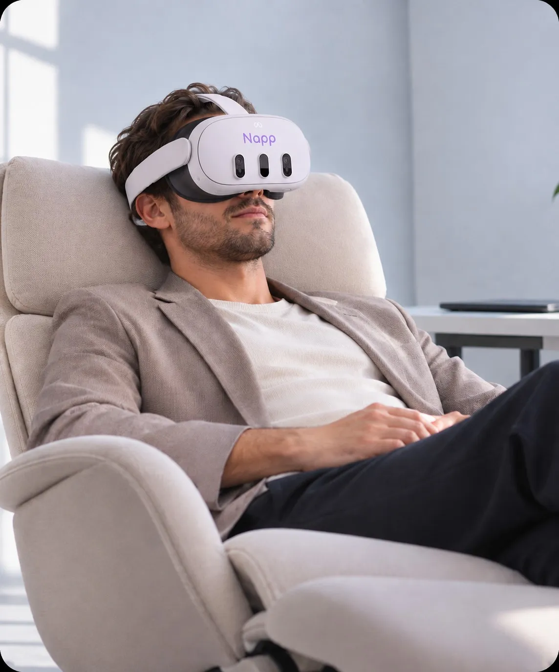 A man wearing a Napp VR headset resting in a lounge chair