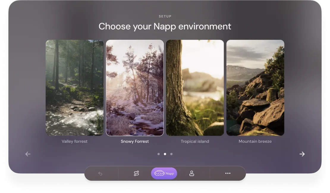 Napp app screens with calming soundscapes and voice guides